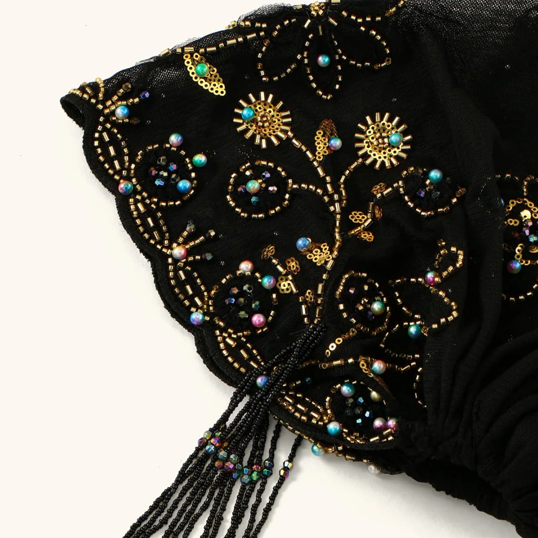 Muslim Lace Pearls Hat Caps Mesh Fabric Bead Tube Paired With An Acrylic Diamond Thread Embroidered Hat For Dubai Arabian Women - 4