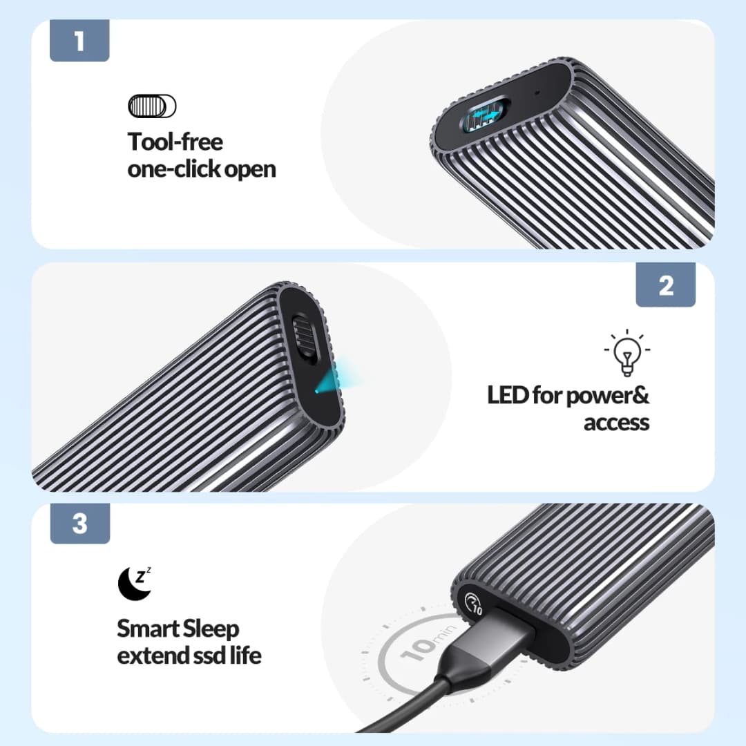 ORICO Tool Free Aluminum M2 NVMe SSD Enclosure 10Gbps PCIe Type C M.2 SSD Case NVMe M Key Solid State Drive Case Support UASP - 5