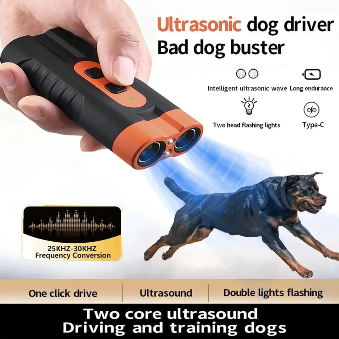 2025 Dual Head Ultrasonic Dog Repeller Anti Bark USB Rechargeable High-Power Dog Training Device with LED Flashlight