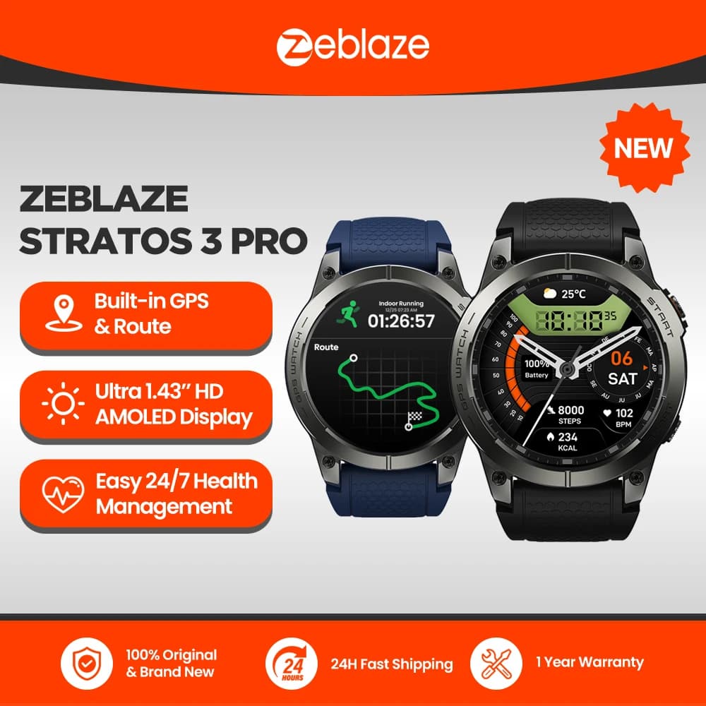 جديد Zeblaze Stratos 3 PRO GPS ساعة ذكية 1.43 بوصة HD AMOLED عرض مدمج نظام تحديد المواقع بلوتوث مكالمات هاتفية ساعة ذكية رياضية للرجال
