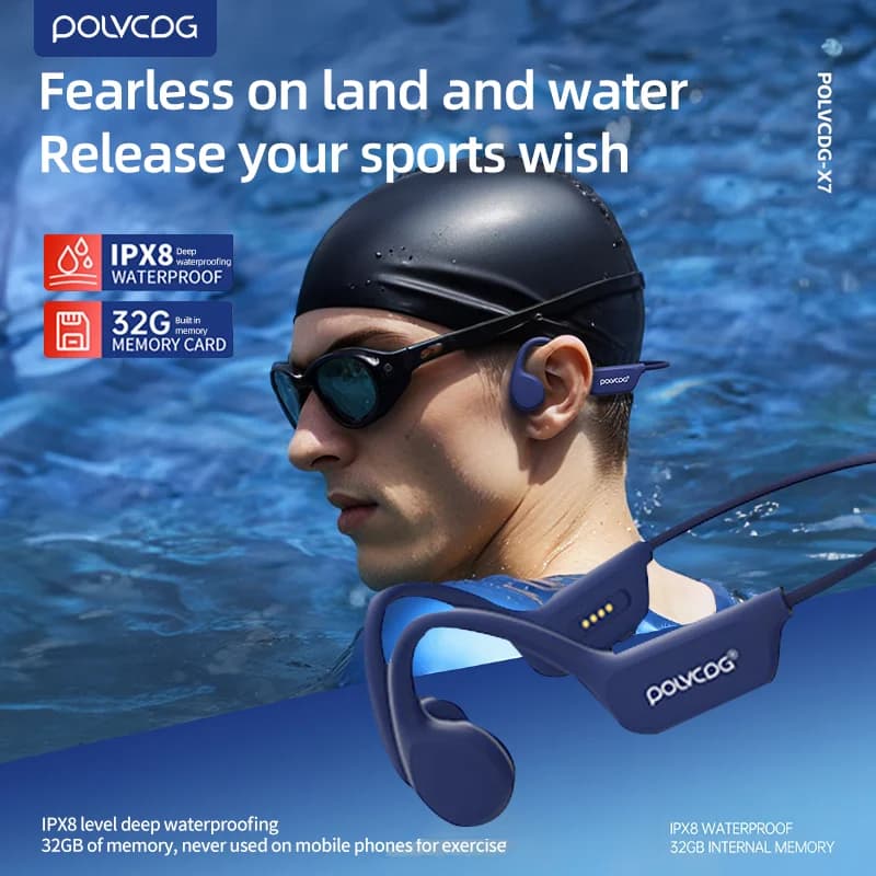 سماعات رأس POLVCDG Bone Conduction IPX8 32GB بلوتوث 5.3 لاسلكية مع ميكروفون مقاومة للماء سباحة 2024 جديد
