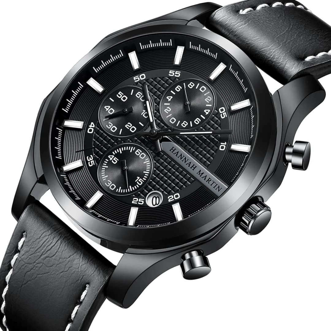 ساعة هانا مارتن للرجال، حركة كوارتز، ساعة جلدية سوداء متعددة الوظائف، طراز عسكري، مقاومة للماء حتى 3 بار، ساعة رياضية