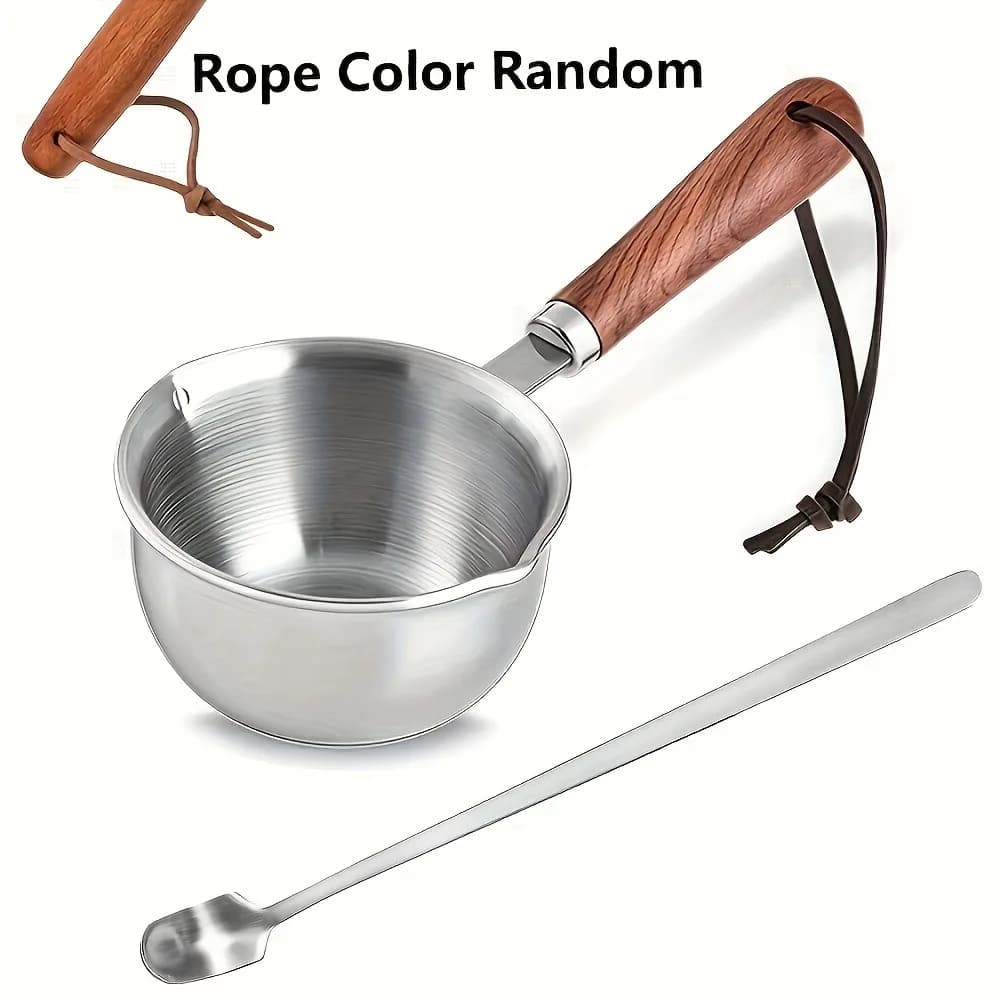 10oz Stainless Steel Pot with Wooden Handle - Dishwasher Safe for Cooking, Candle Wax Melting & DIY Crafts - 6