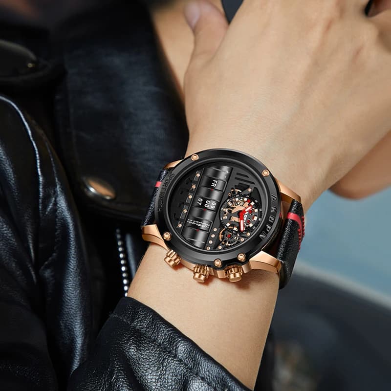 Luxury Electronic Quartz Watch For Men Business Watches Male Creative Men WristWatch Unique Rotate Date Leather Strap Watches - 4