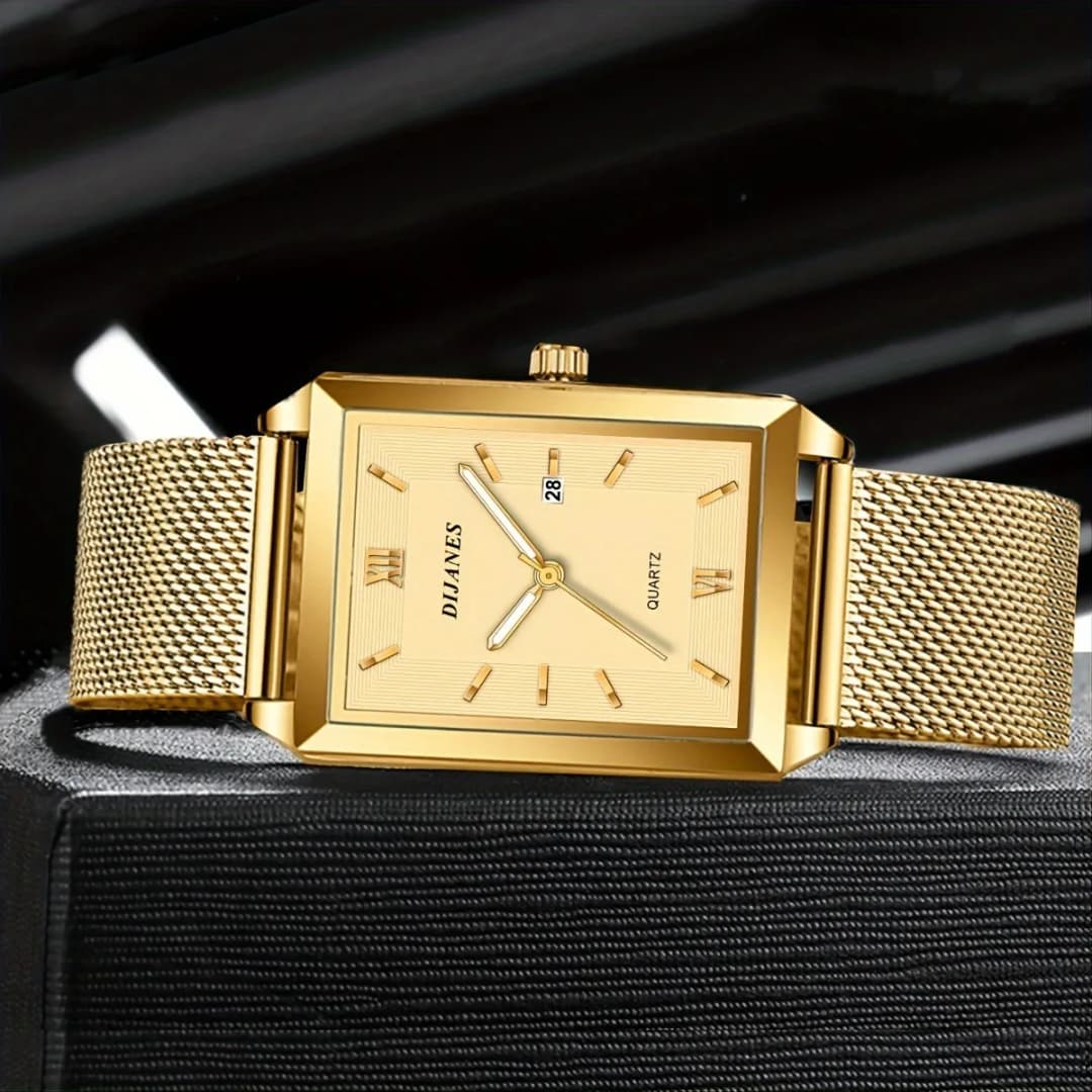 ساعة يد كوارتز مستطيلة من الفولاذ المقاوم للصدأ للرجال، حزام جلد، ساعات عمل أنيقة، ريلوجيو ماسكولينو - 3