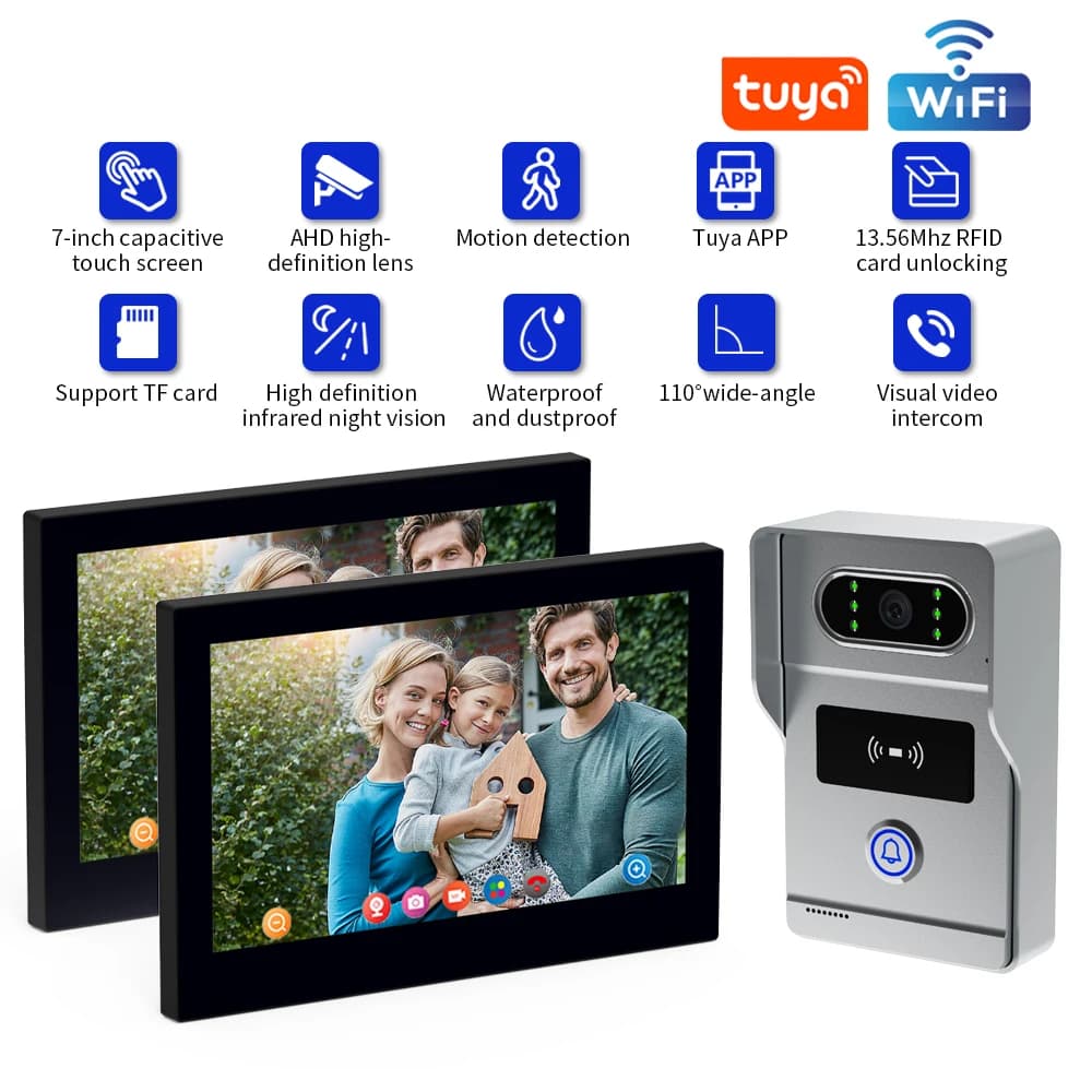 4 Wire Digital Video Intercom System 7 Inch Wireless WIFI Monitor 1080P Doorphone Camera Video Doorbell Card Tuya App Unlock
