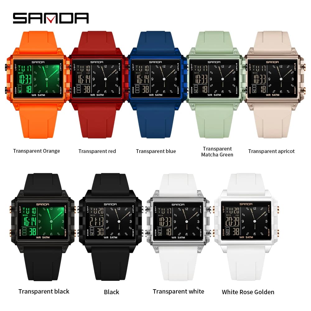 SANDA 6273 Wristwatch Square Dual Time Man Electron Analog Watch for Men Women Waterproof Count Down Timer Digital World Time - 2