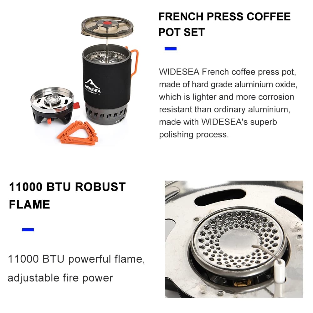 Widesea Portable Camping Coffee Maker Set French Press 0.9L Coffee Pot 1100BTU Gas Stove with Anti-scalding Cover for Outdoor Hi - 4