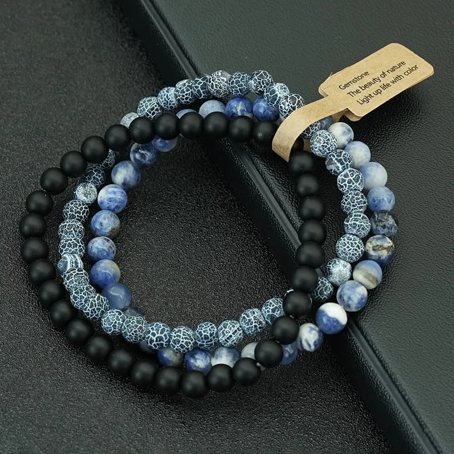 أسورة حجرية مرصعة 3 قطع/مجموعة 6 ملم أسورة مرنة للتأمل هدية عيد الشكر للرجال - 3