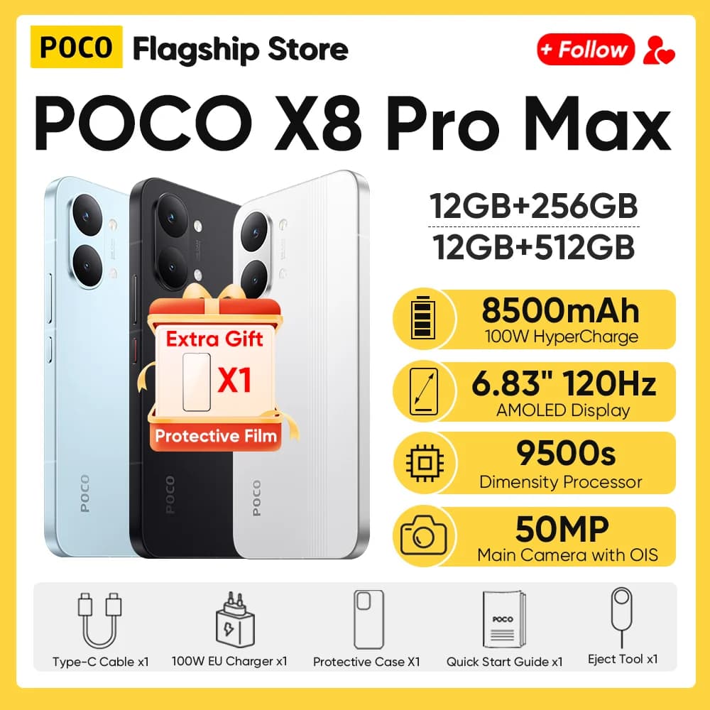 Newest Arrivals POCO X8 Pro Max Global Version 5G Smartphone Dimensity 9500s 6.83" AMOLED Display 50MP 8500mAh 100W HyperCharge