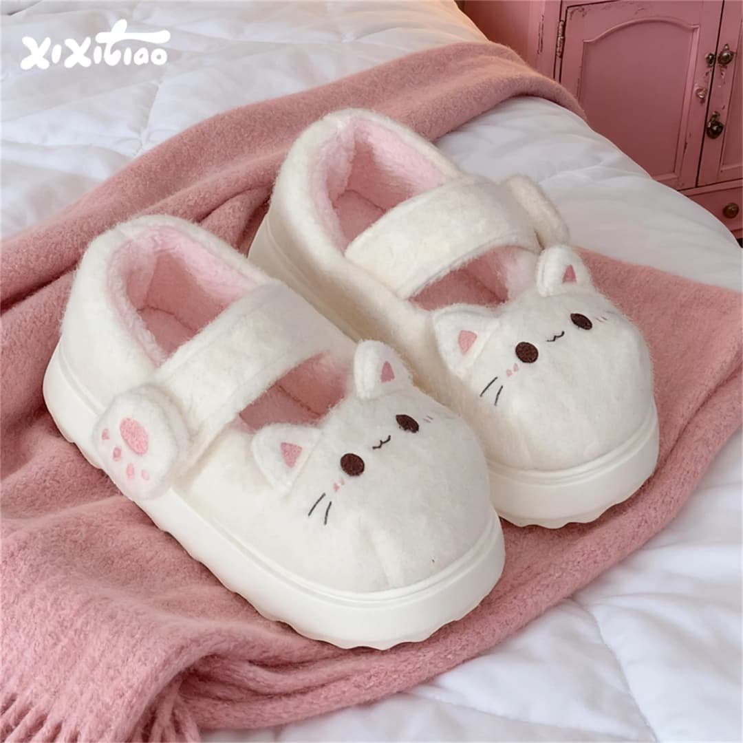 Cute Little  Claw Lolita Shoes Winter Anti-Slip Outdoor Magic Tape Mary Janes Cotton Bean Shoes Women Casual round Toe