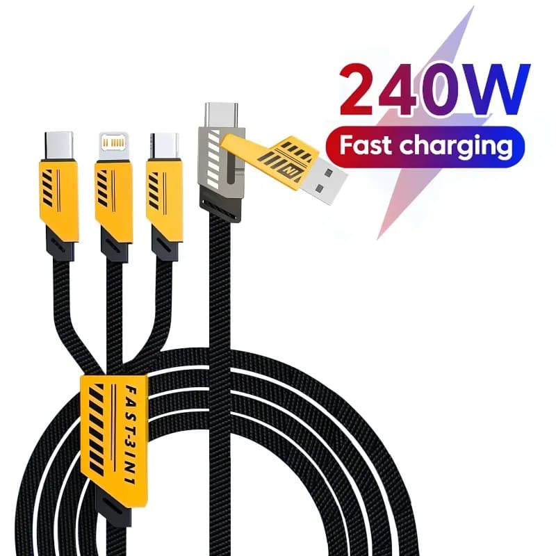 240W Multi Charging Cable 1.2m 3 In 2 Port Fast Charge Cord Compatible Type-C Micro USB Mobile Phones