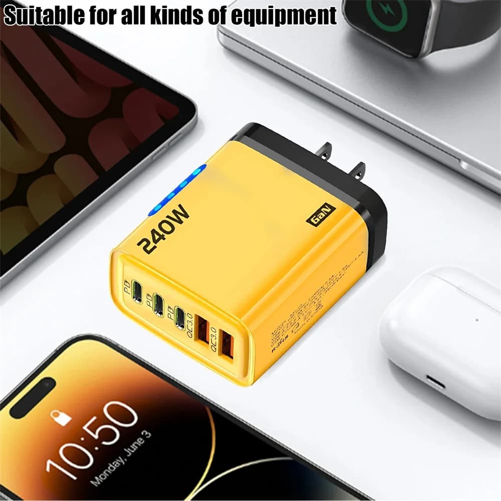 5 in 1 GaN USB C Desktop Charger 240W Fast Charge Phone Adapter 10A Type C Cable For iPhone Samsung Xiaomi EU/US/UK Plug Charger - 6