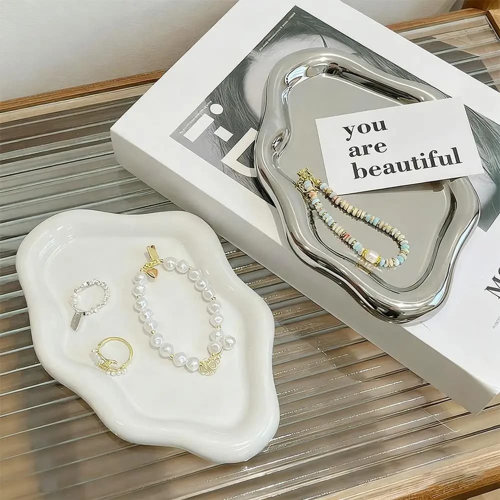 صينية تخزين مجوهرات من السيراميك على شكل سحابة، أنيقة وبسيطة، لعرض الأقراط والزينة المكتبية، هدايا للأصدقاء - 3