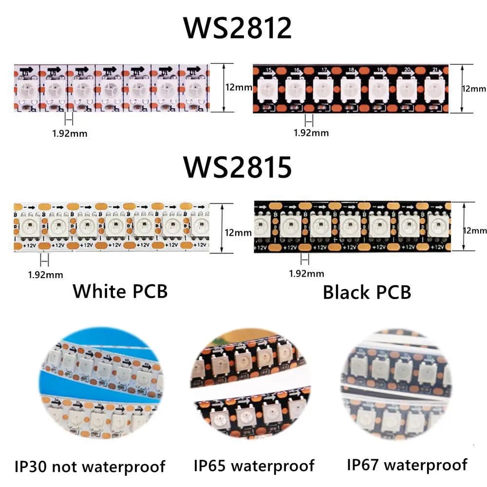 شريط ليد WS2812B/WS2815 بطول 1-3 متر، 144 بكسل/ليد/متر، IC قابل للعنونة، ذكي، RGB، IP30/IP65/IP67، DC5V/12V - 2