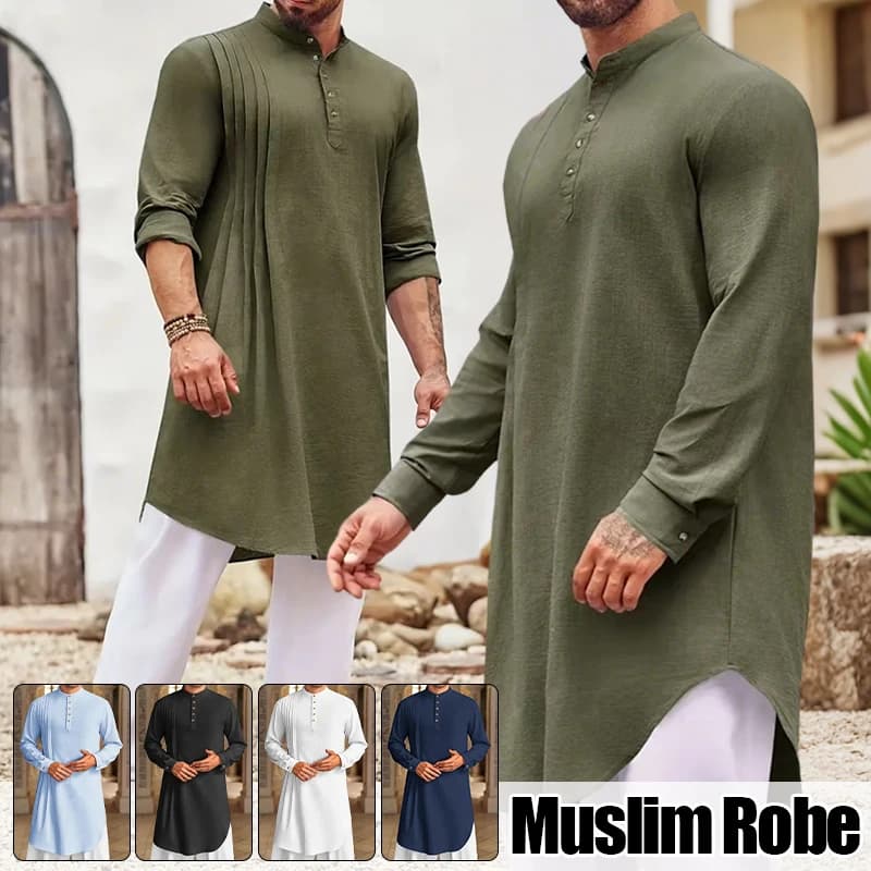 NEW Men's Muslim Shirt Stand Collar Long Sleeve Robe Islamic Arab Kaftan Solid Color Streetwear Casual Men Clothing Cotton Linen - 3
