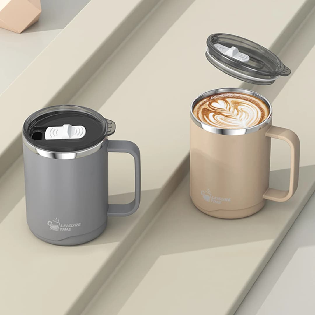 كوب قهوة معزول بجدار مزدوج من الفولاذ المقاوم للصدأ 304 مع مقبض كوب ماء محمول محكم الغلق سعة كبيرة كوب شرب - 3
