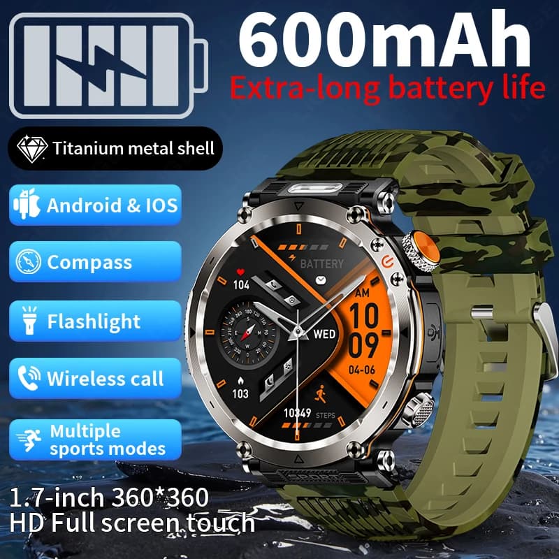 ساعة LIGE الذكية بوصلة مكالمات بلوتوث 600mAh كشاف LED معدل ضربات القلب IP68 ساعات ذكية رياضية 2026 ساعة ذكية جديدة للرجال في الهواء الطلق