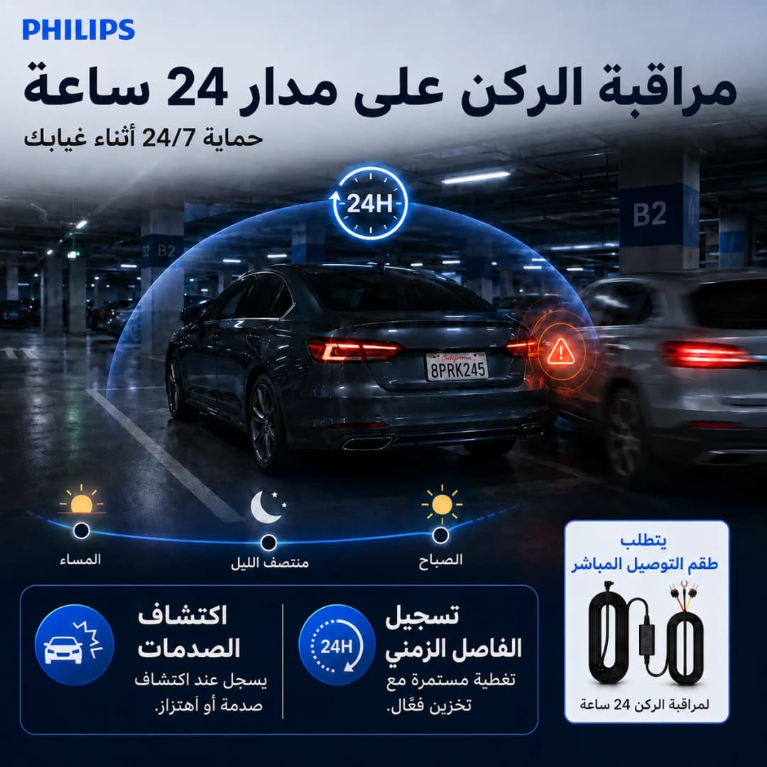 كاميرا سيارة PHILIPS Dash Cam B02 بدقة 4K+1K HDR مزدوجة أمامية وخلفية واي فاي 2.4GHz و5GHz GPS مراقبة الوقوف 24 ساعة تحكم عبر التطبيق - 4