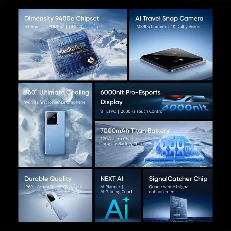 هاتف ريلمي GT 7 الذكي بشبكة 5G، معالج دايمنشن 9400e، بطارية 7000 مللي أمبير، شحن 120 واط، كاميرا IMX906 مع OIS، IP69، NFC - 2