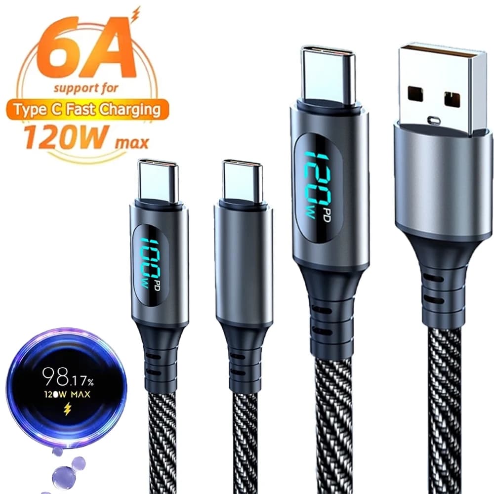 كابل شحن سريع للغاية 6A 120 واط USB A إلى النوع C مع شاشة رقمية LED لهاتف شاومي ريدمي بوكو سلك بيانات مجدول من النايلون