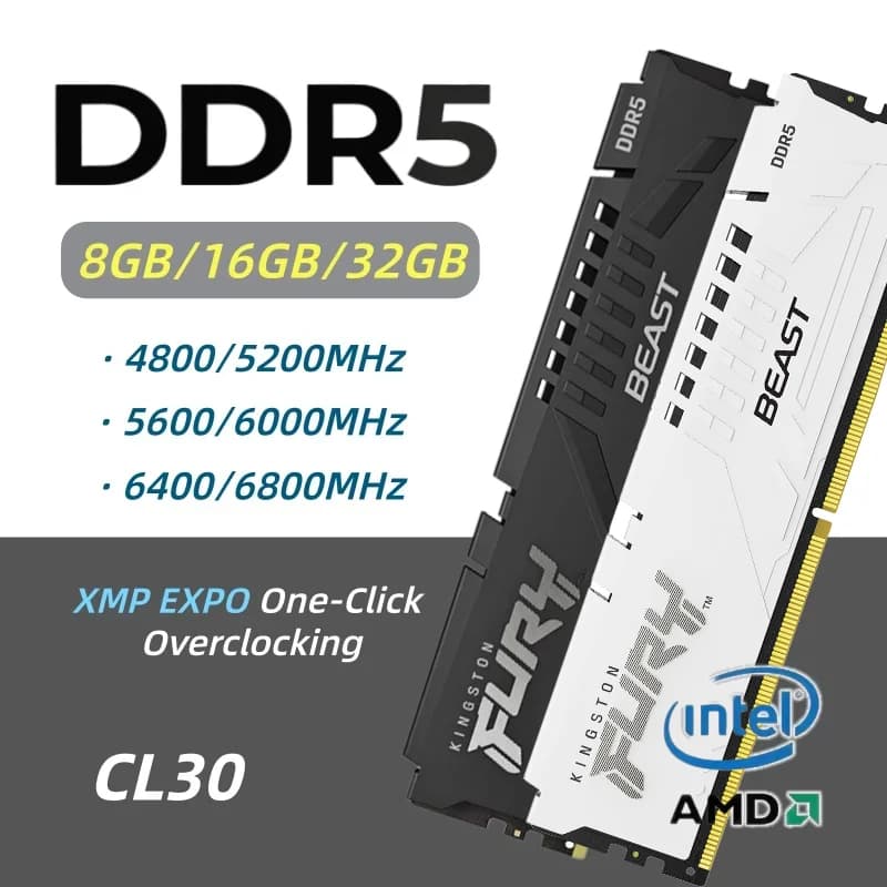 ذاكرة سطح المكتب Kingston Fury Beast DDR5 CL30/40 رام XMP EXPO سعة 8/16/32 جيجابايت بسرعات 4800 إلى 6800 ميجاهرتز DIMM