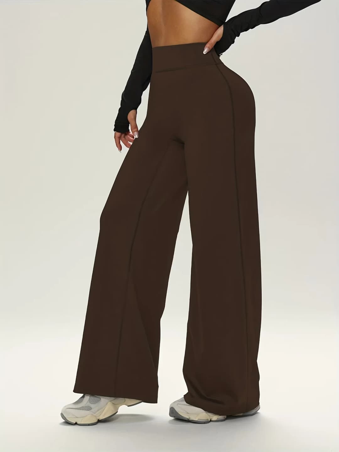 بنطلون رياضي بني مستقيم واسع الأرجل تصميم خصر نحيف مناسب للتمرين في الجيم والجري - 6