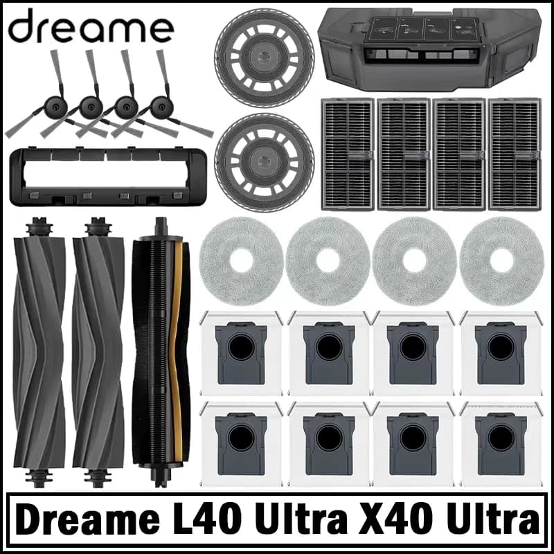 إكسسوارات مكنسة روبوتية Dreame L40 Ultra / X40 Ultra تشمل فرشاة جانبية رئيسية وقماش مسح وفلتر Hepa وكيس غبار وقطع غيار