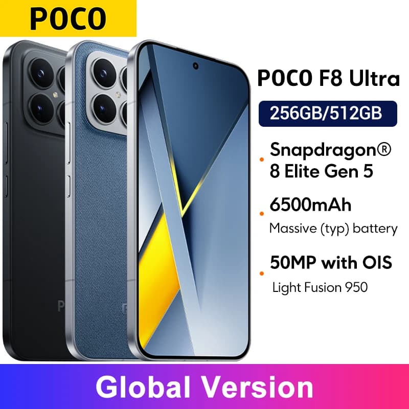 الإصدار العالمي POCO F8 Ultra معالج Snapdragon 8 Elite الجيل الخامس كاميرا 50 ميجابكسل شاشة 6.9 بوصة 120 هرتز بطارية 6500 مللي أمبير NFC