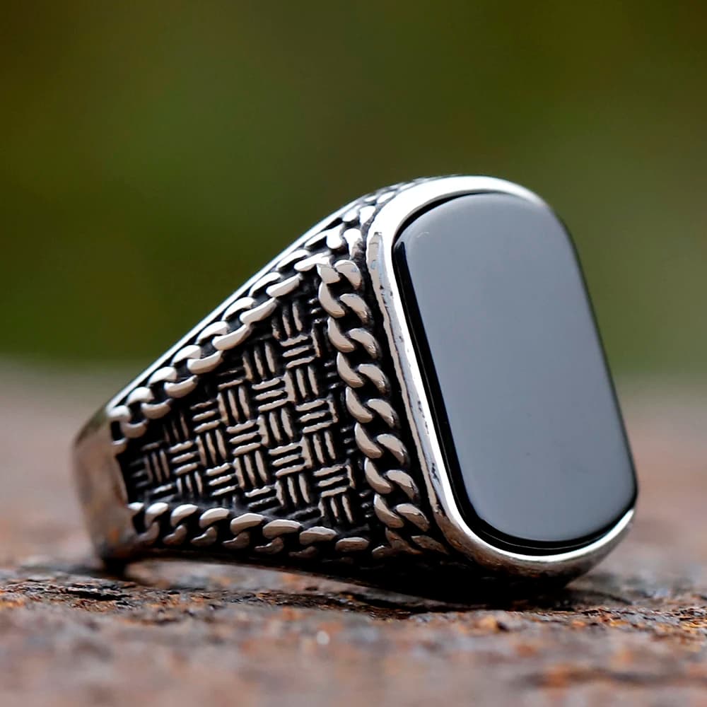 NEW Vintage Punk Stainless Steel Rectangle Anels for Men Black Stone Zircon Men's Anels Totem Luxury Wedding Jewelry - 2