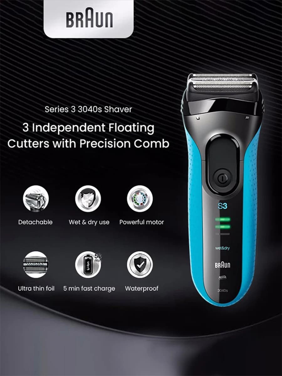 ماكينة حلاقة كهربائية Braun Series 3 ProSkin، 3 شفرات عائمة، أداة تشذيب دقيقة، مقاومة للماء 100%، قابلة للشحن لاسلكيًا للرجال - 5