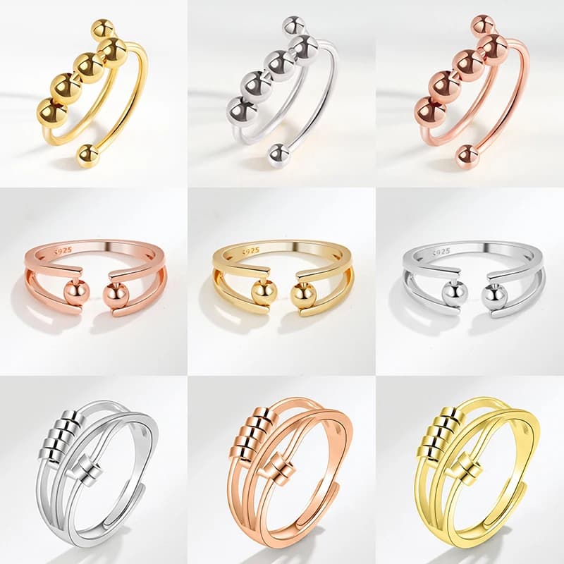 خواتم تململ سبينر قابلة للتعديل مع كرة سحرية للنساء، تدوير حر لخرز دائري، خاتم قلق، مجوهرات يومية للفتيات