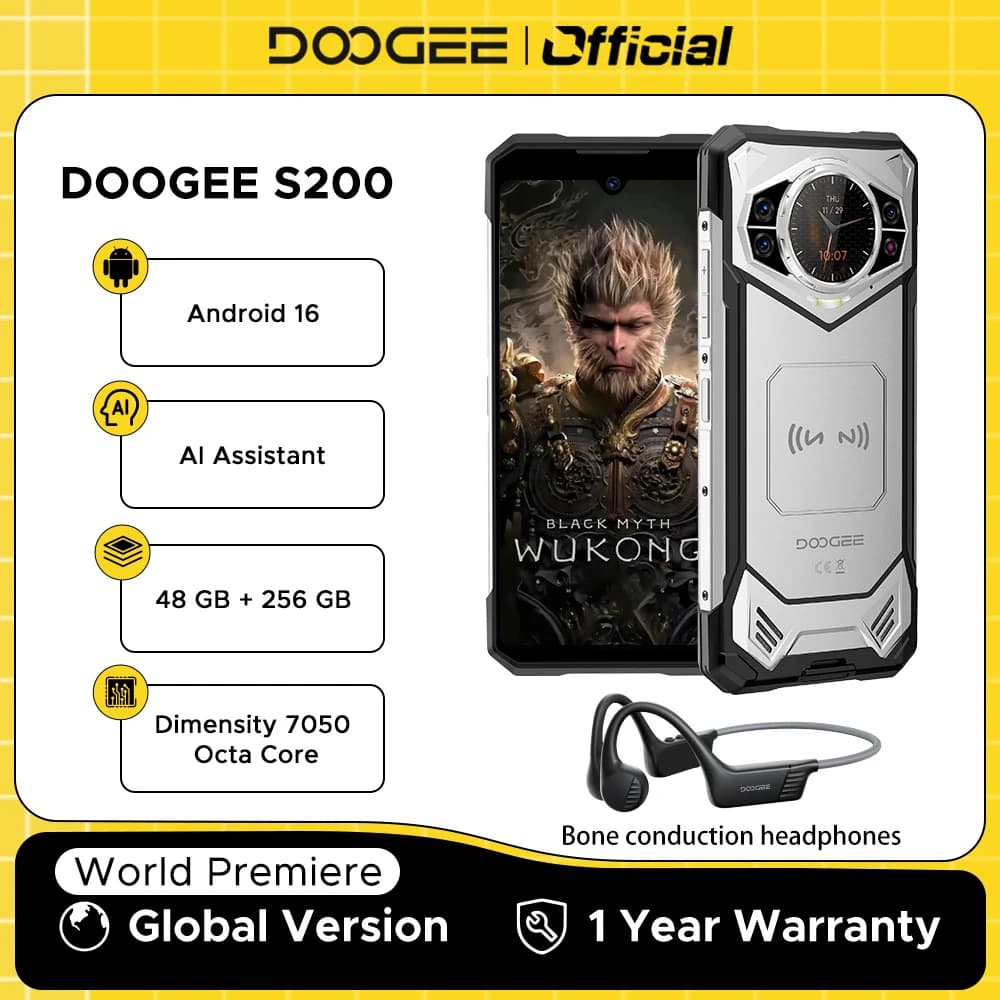 Global Version DOOGEE S200 5G Rugged Phone 12GB +256GB 6.72" Display 100MP AI Main Camera 10100mAh Mobilephone Android 16 NFC