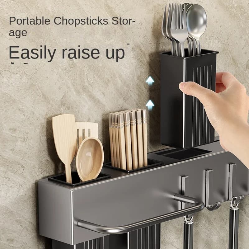 رف مطبخ خالٍ من الأدوات، وإكسسوارات المطبخ، وأنبوب عود متعدد الوظائف مثبت على الحائط، وتخزين للسكاكين والأدوات - 4