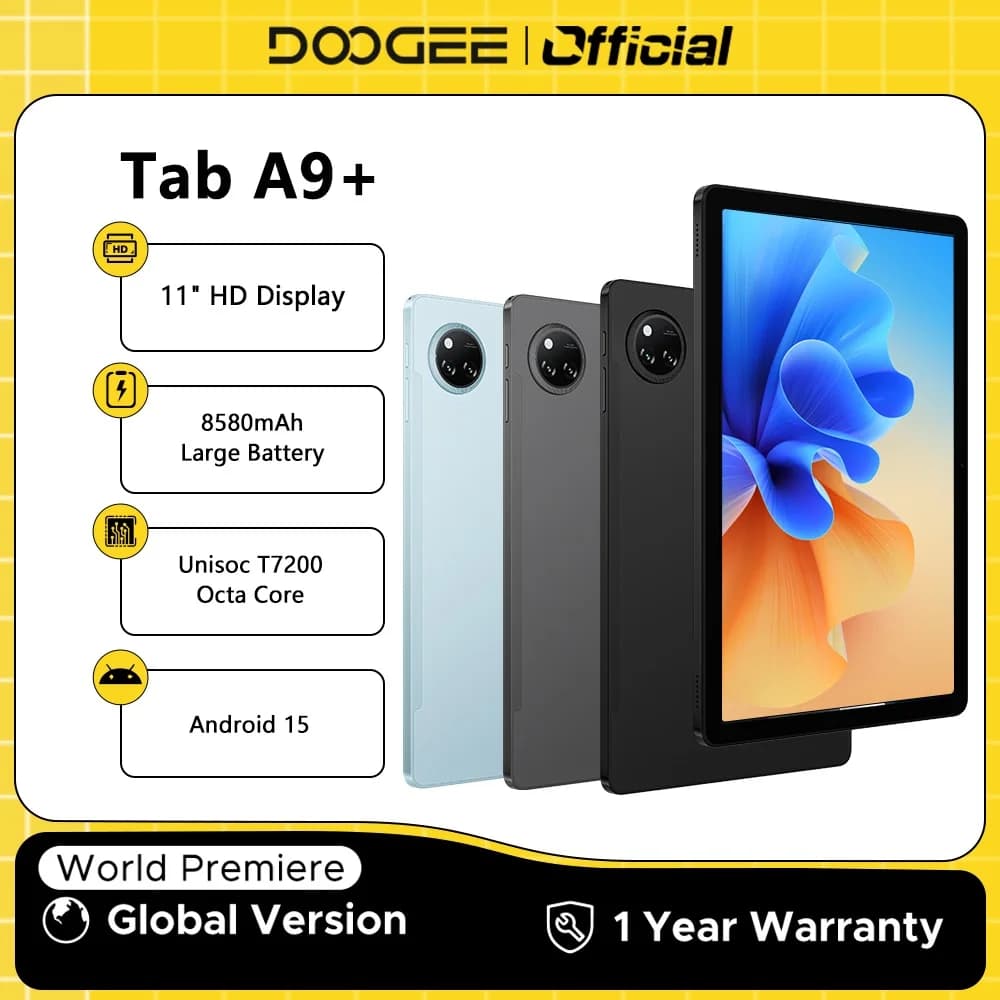 دوغي تاب A9+ كمبيوتر لوحي شاشة 11 بوصة HD 20 جيجابايت (4+16) 64 جيجابايت بطارية كبيرة 8580 مللي أمبير معالج Unisoc T7200 ثماني النواة مكبرات صوت مزدوجة 13 ميجابكسل أندرويد 15