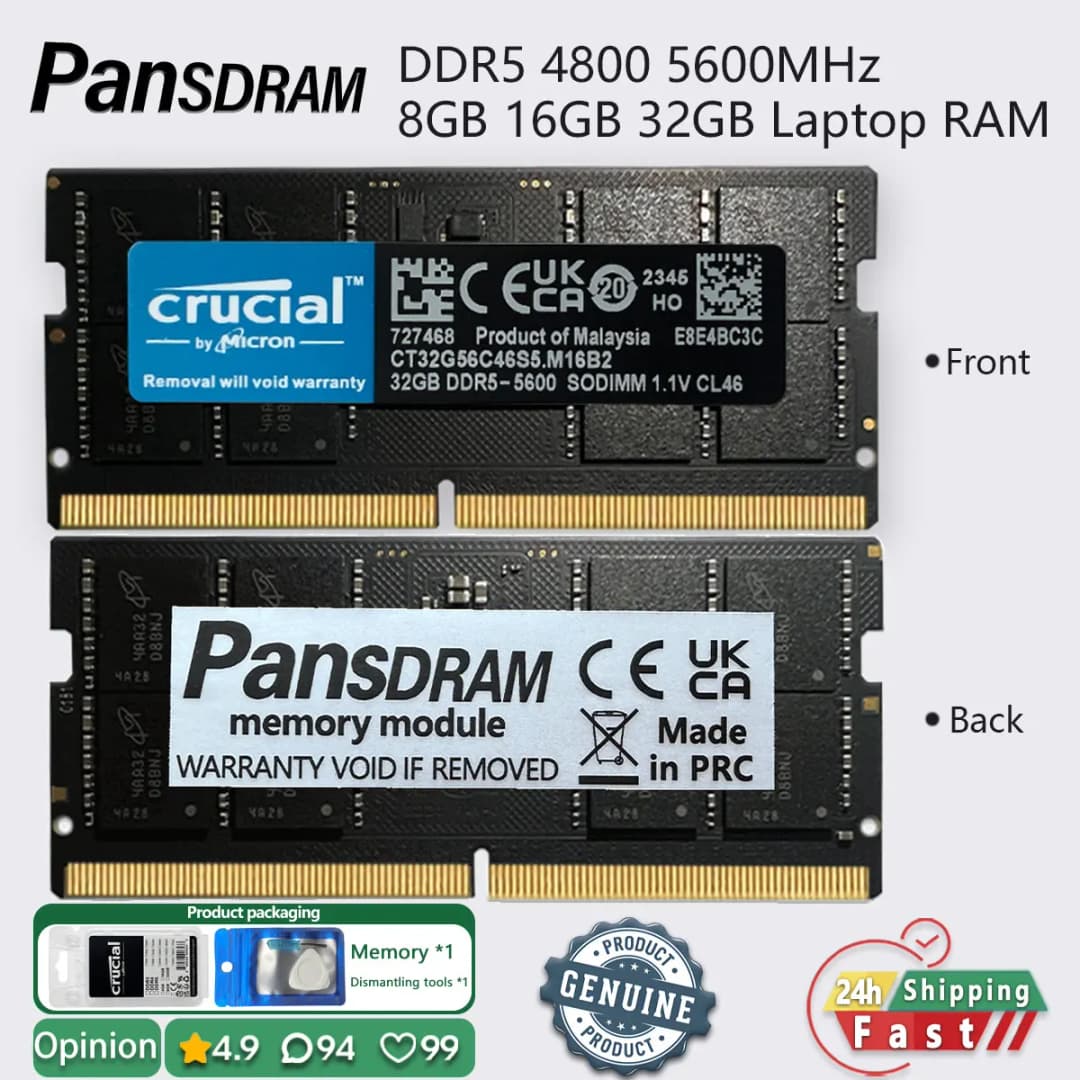 ذاكرة رام للابتوب Crucial DDR5 بسعات 8 جيجا بايت و16 جيجا بايت و32 جيجا بايت، بسرعات 4800 و5600، متوافقة مع PC5 38400 و44800