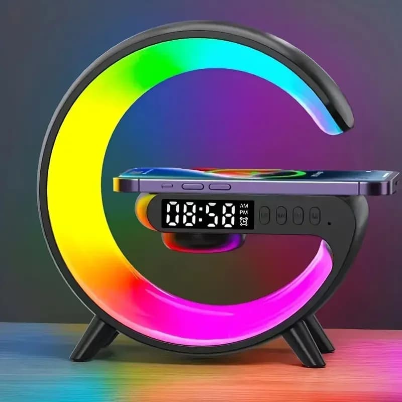 وسادة شحن لاسلكية مع منصة إضاءة RGB ومنبه ومكبر صوت لهواتف آيفون 16 و15 و14 و13 وسامسونج وشاومي محطة شحن سريعة صغيرة