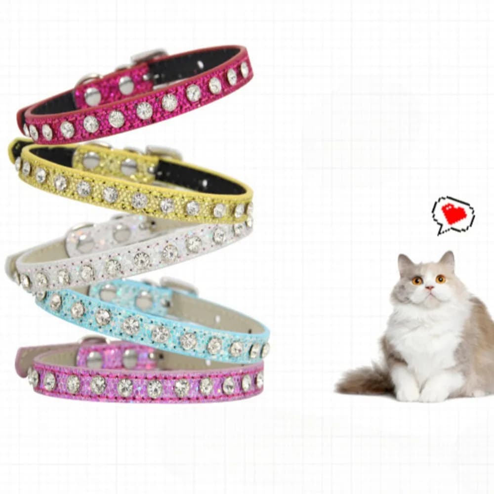 Super Shining Diamond Rhinestone Cat Collar Puppy Baby Dog Cat Collar Leather Strap Kitten Accessories Adjustable Cat Necklace - 4