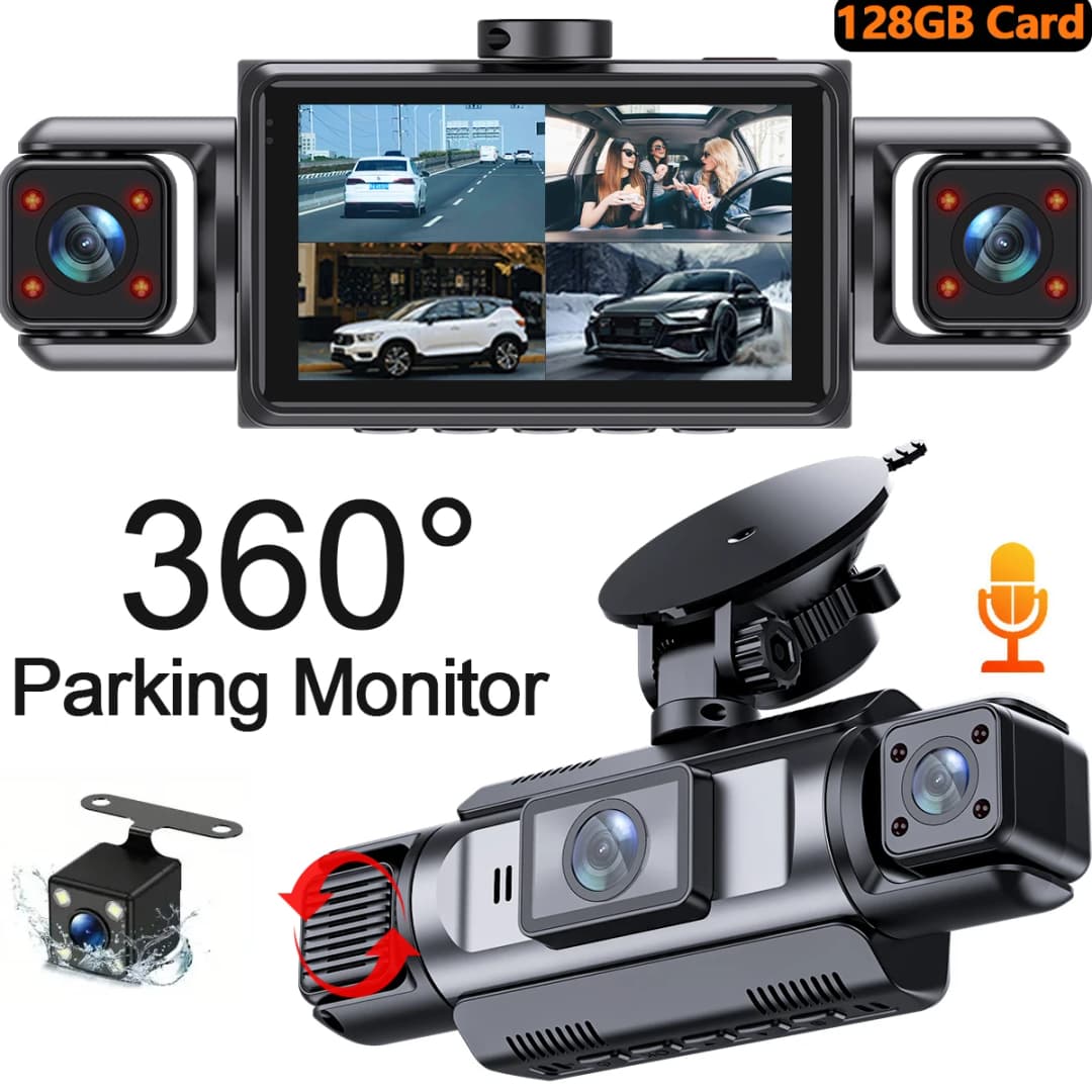كاميرا سيارة DashCam 4 قنوات، 360 درجة، واي فاي، كاميرا أمامية وداخلية وخلفية قابلة للدوران، شاشة ركن 24 ساعة