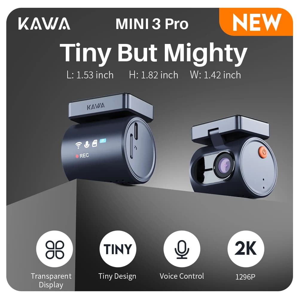 كاميرا KAWA MINI 3 Pro بدقة 2K لداشكام السيارة مع تسجيل فيديو وتحكم صوتي وواي فاي ومراقبة وقوف السيارات 24 ساعة