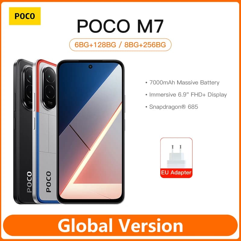 الإصدار العالمي POCO M7 معالج Snapdragon® 685 هاتف ذكي 6.9 بوصة 144 هرتز FHD+ شاشة DotDisplay كاميرا 50 ميجابكسل بطارية 7000 مللي أمبير شحن 33 واط NFC