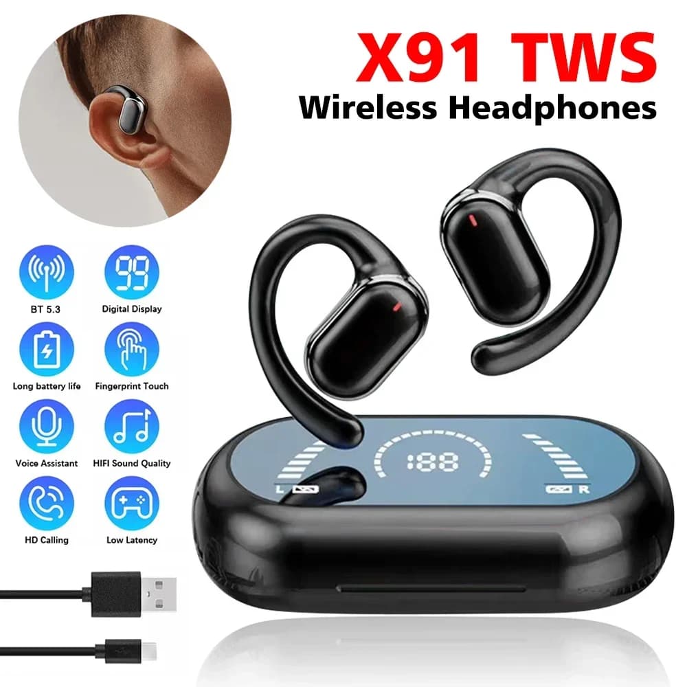 سماعات أذن X91 OWS مع خطاف أذن بلوتوث 5.3 زمن وصول منخفض سماعة رأس رياضية للألعاب ستيريو HiFi سماعات أذن لتقليل الضوضاء