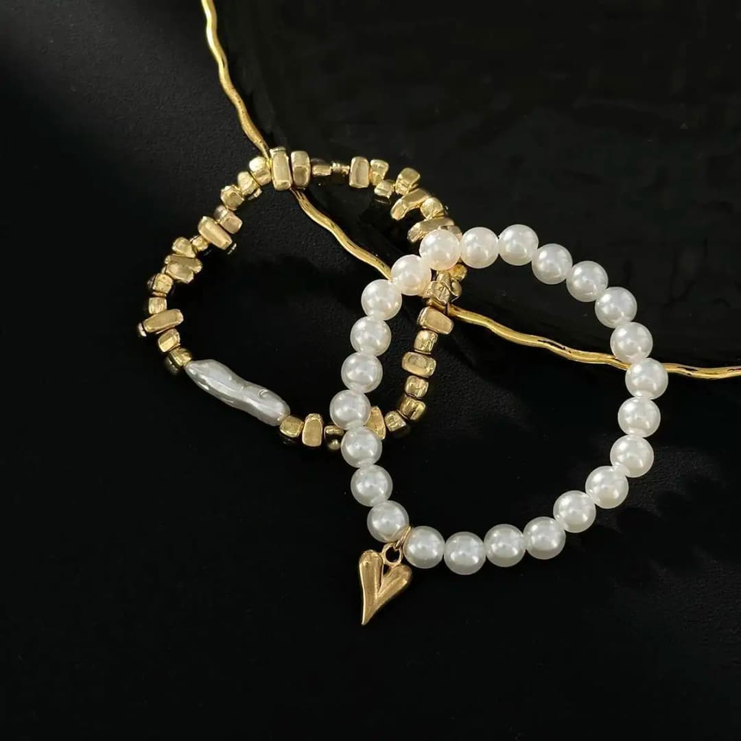 2Pcs/Set Elegant Imitation Pearl Bracelet for Women Bohemian Elastic Rope Chain Bracelet with Heart Pendant Jewelry Gift - 6