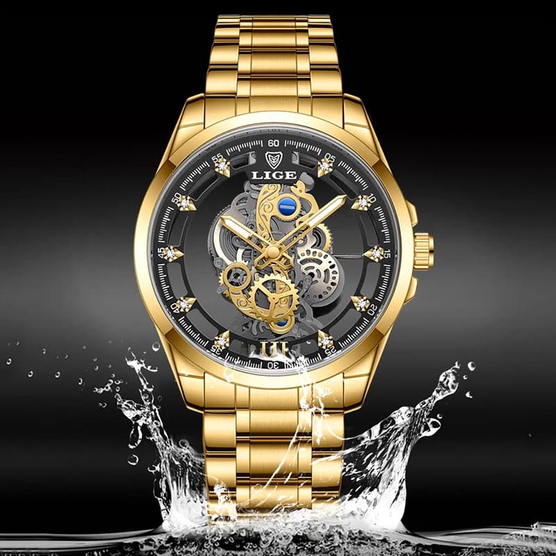 LIGE New Men Watch Skeleton Quartz Wristwatch Gold Skeleton Retro Man Watch Top Brand Luxury Clock Mens Watches Reloj Hombre - 3