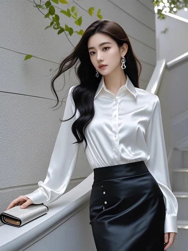 قميص حرير طويل الأكمام أنيق للنساء لمقابلة العمل طبقة أساسية رسمية ملابس عمل - 2