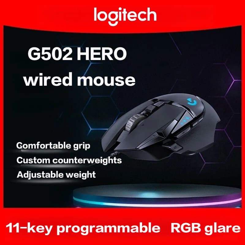 ماوس الألعاب Logitech G502 HERO سلكي للرياضات الإلكترونية مع إضاءة RGB قابلة للضبط وماوس ميكانيكي لبرمجة الماكرو