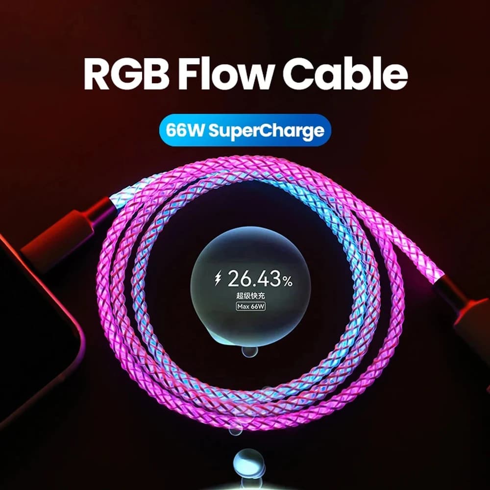 66 واط 6A نوع C كابل شحن RGB LED USB C سلك شحن سريع ل Xiaomi K60 الترا سامسونج آيفون 15 برو هواوي PD النايلون مضفر