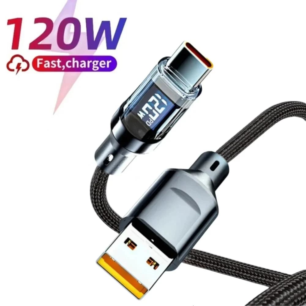 كابل شحن سريع 120 واط من USB إلى Type C مع شاشة LED، كابل بيانات Type-C إلى Type-C لهواتف هواوي وأوبو وفيفو