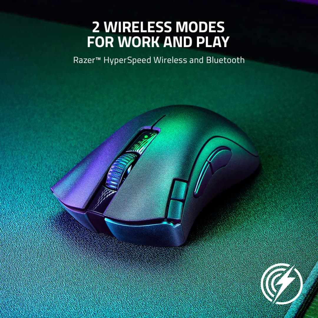 فأرة Razer DeathAdder V2 X HyperSpeed، عمر بطارية 235 ساعة، 7 أزرار قابلة للبرمجة، مفاتيح ميكانيكية من الجيل الثاني، مستشعر بصري 14K DPI - 3