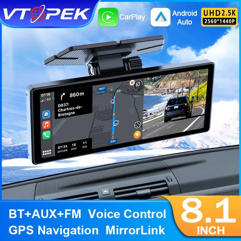 Vtopek 8.1 بوصة 2.5K داش كام لاسلكي Carplay أندرويد السيارات سيارة DVR واي فاي نظام تحديد المواقع والملاحة كاميرا الرؤية الخلفية لوحة القيادة مسجل فيديو